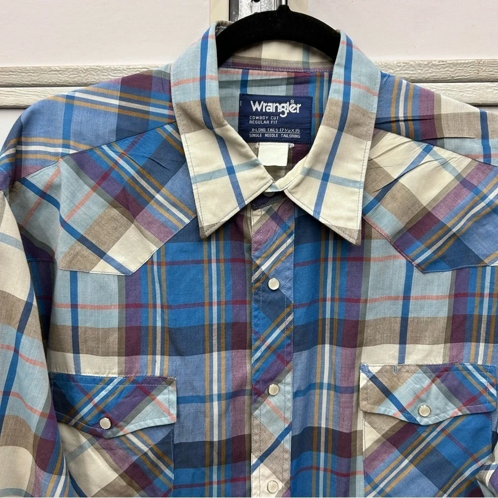 Vintage Wrangler Plaid Button Down Shirt Pearl Snap Western Size XL